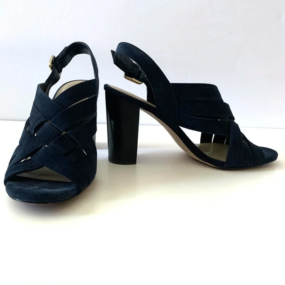 Ann Taylor Suede Leather Strappy Block Heel Sling Back Sandals 6 6.5 Navy Blue